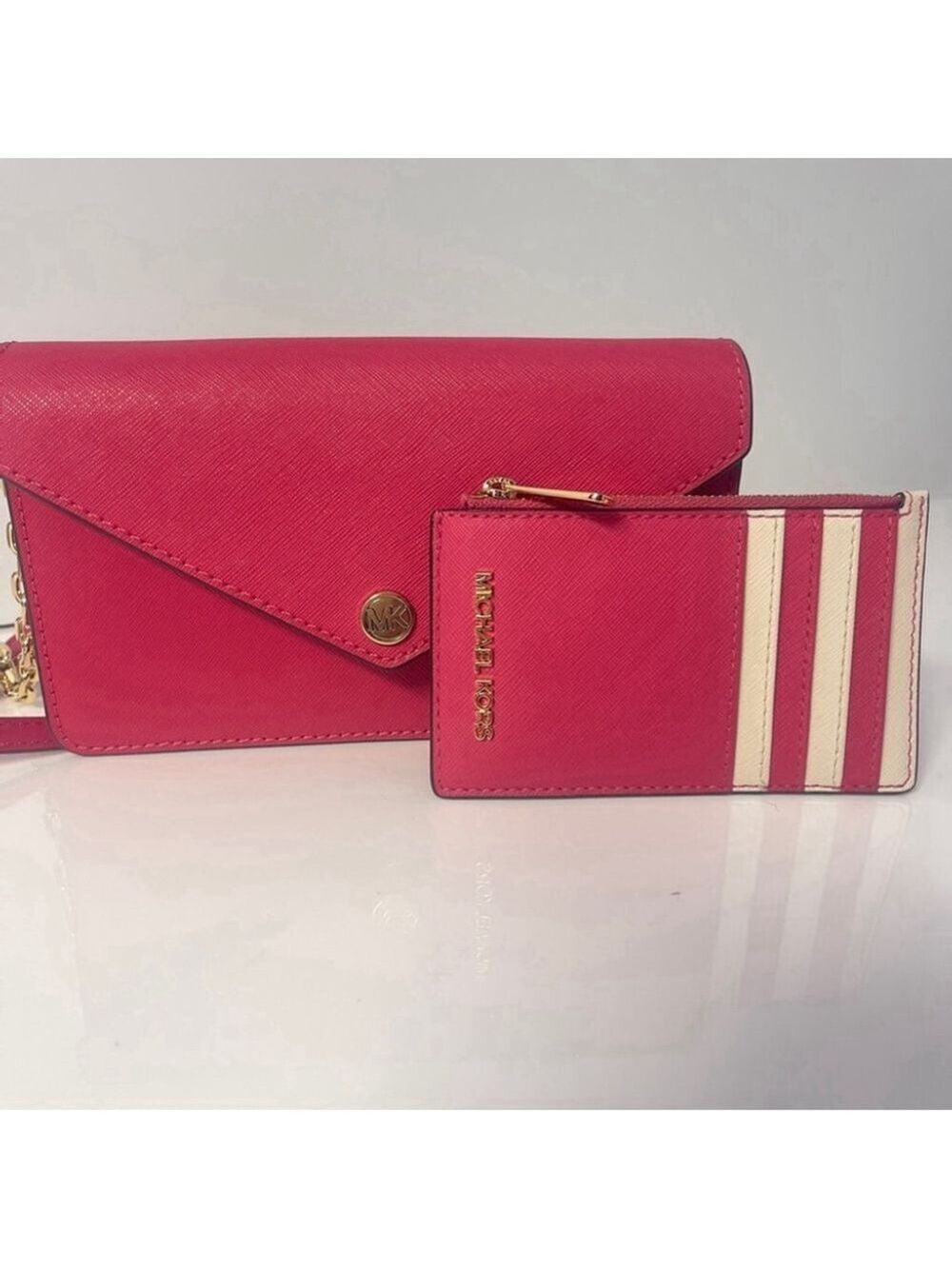 Michael Kors Saffiano Leather Envelope Crossbody & Matching Wallet Electric Pink - Picture 2 of 13